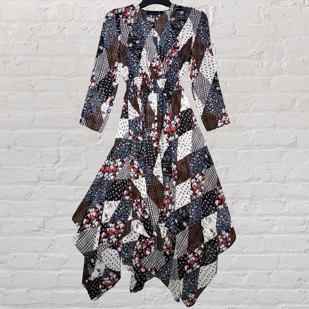 Tommy Hilfiger Patchwork Faux Wrap‎ Peasant Dress Size XS Handkerchief Hem NWT - Picture 3 of 15